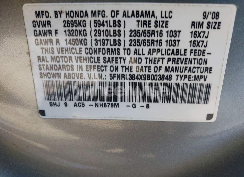 Photo 9 of 2009 Honda Odyssey EX (VIN 5FNRL384X9B003848)
