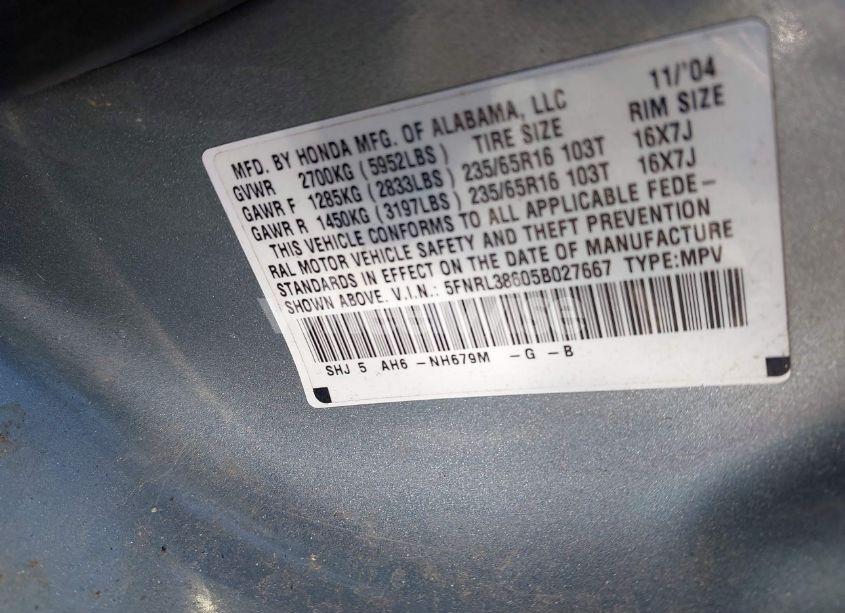 Photo 9 of 2005 Honda Odyssey EX-L (VIN 5FNRL38605B027667)