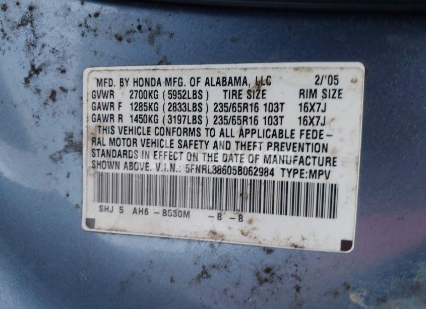 Photo 9 of 2005 Honda Odyssey EX-L (VIN 5FNRL38605B062984)