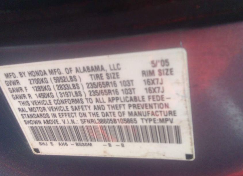 Photo 9 of 2005 Honda Odyssey EX-L (VIN 5FNRL38605B105865)