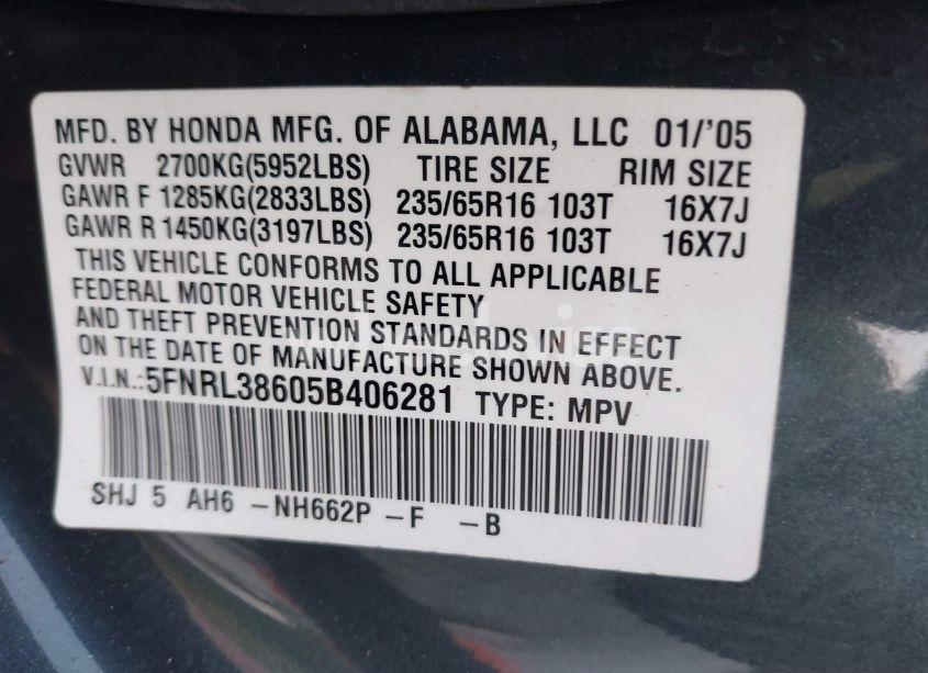 Photo 9 of 2005 Honda Odyssey EX-L (VIN 5FNRL38605B406281)