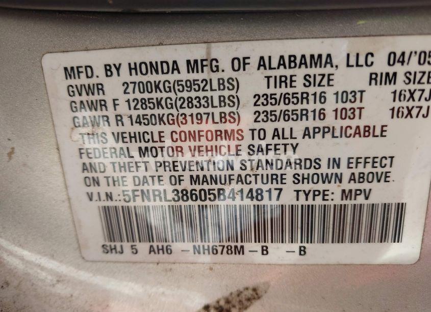 Photo 9 of 2005 Honda Odyssey EX-L (VIN 5FNRL38605B414817)