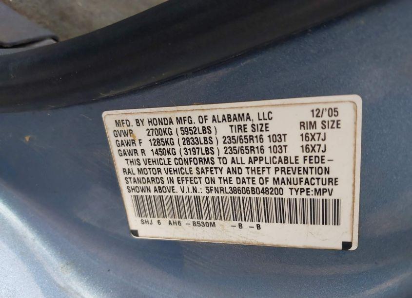 Photo 9 of 2006 Honda Odyssey EX-L (VIN 5FNRL38606B048200)