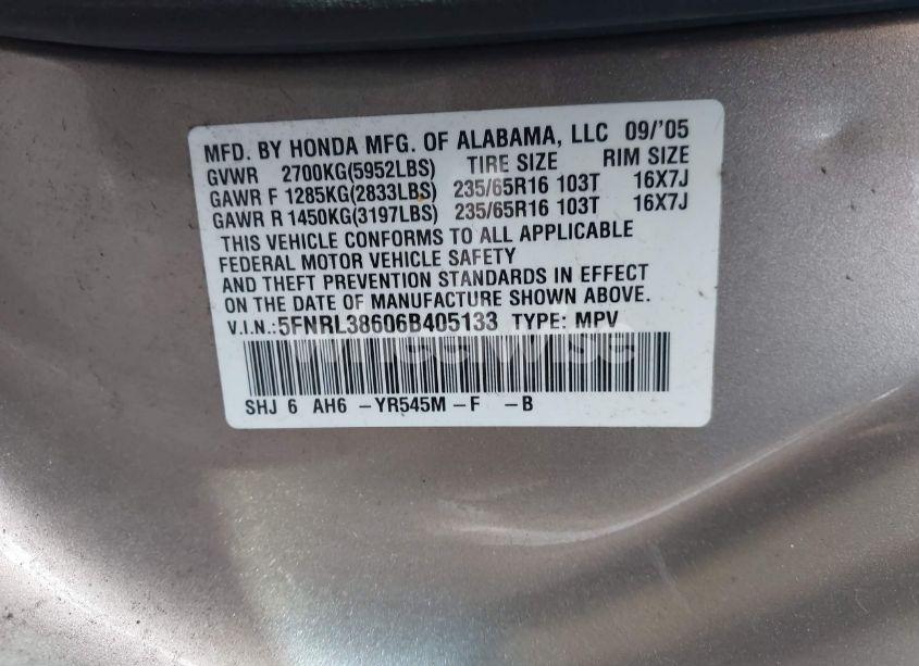 Photo 9 of 2006 Honda Odyssey EX-L (VIN 5FNRL38606B405133)