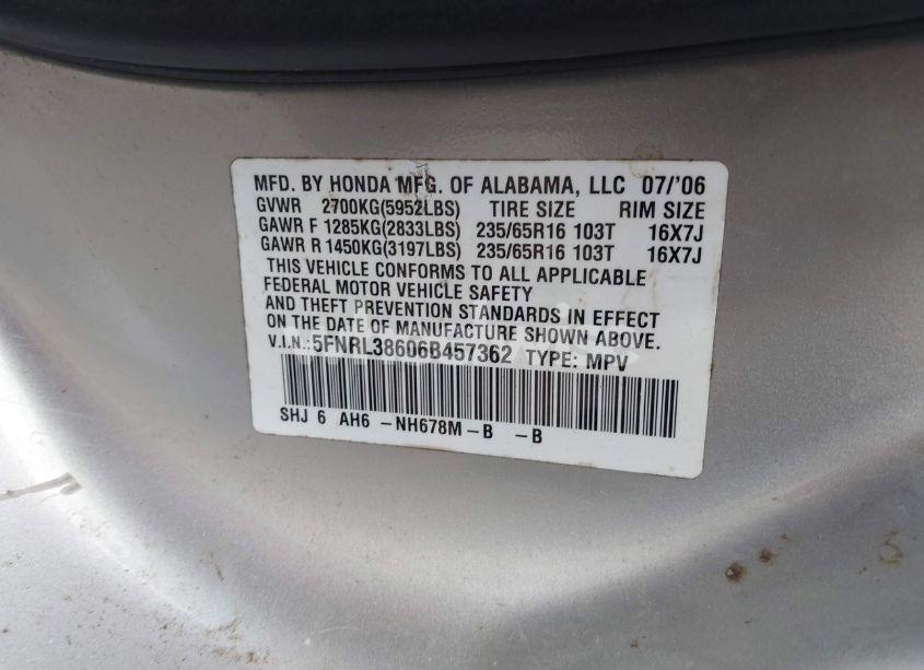 Photo 9 of 2006 Honda Odyssey EX-L (VIN 5FNRL38606B457362)