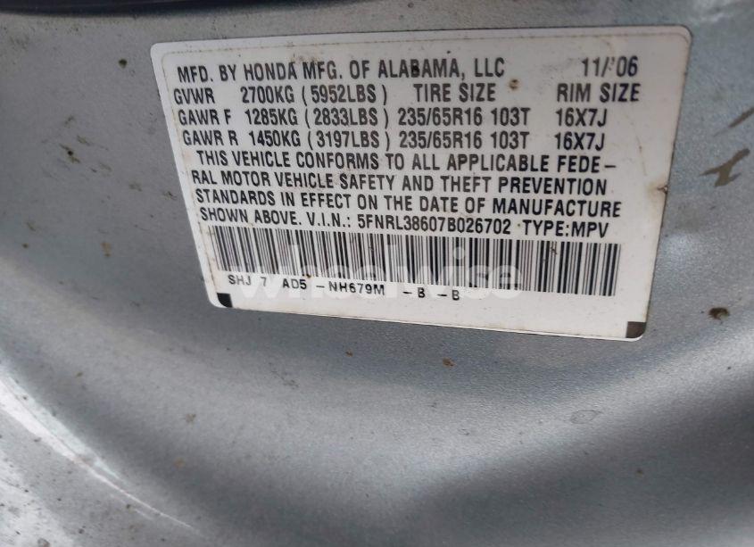 Photo 9 of 2007 Honda Odyssey EX-L (VIN 5FNRL38607B026702)