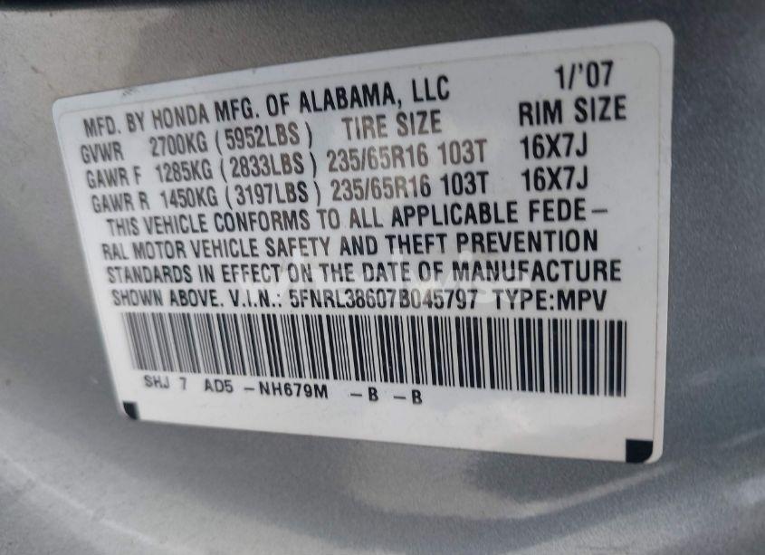 Photo 9 of 2007 Honda Odyssey EX-L (VIN 5FNRL38607B045797)