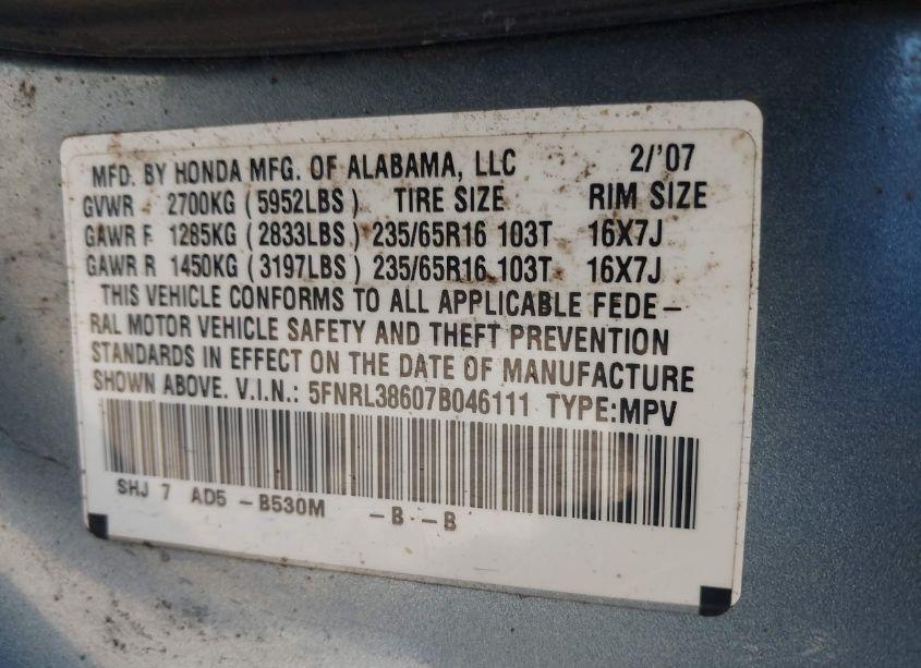 Photo 9 of 2007 Honda Odyssey EX-L (VIN 5FNRL38607B046111)