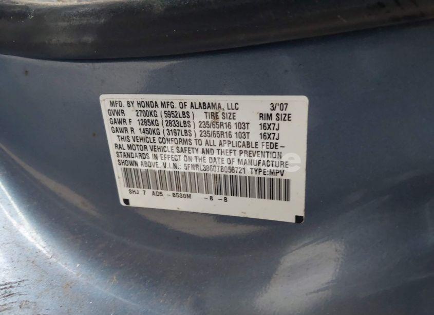 Photo 9 of 2007 Honda Odyssey EX-L (VIN 5FNRL38607B056721)