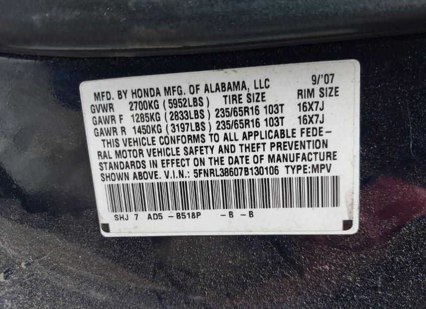 Photo 9 of 2007 Honda Odyssey EX-L (VIN 5FNRL38607B130106)