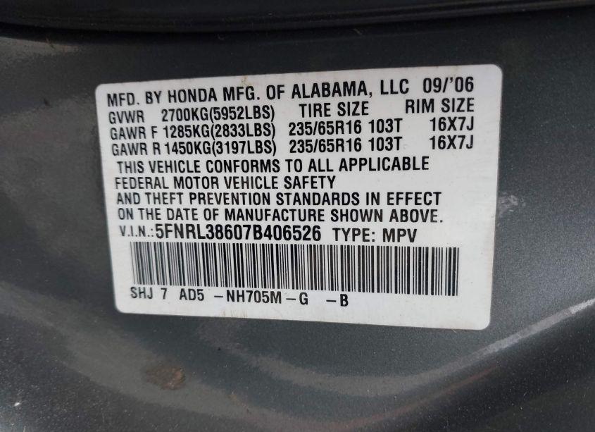Photo 9 of 2007 Honda Odyssey EX-L (VIN 5FNRL38607B406526)