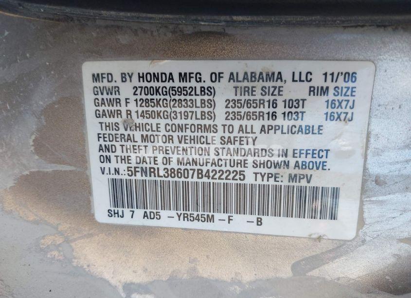 Photo 9 of 2007 Honda Odyssey EX-L (VIN 5FNRL38607B422225)