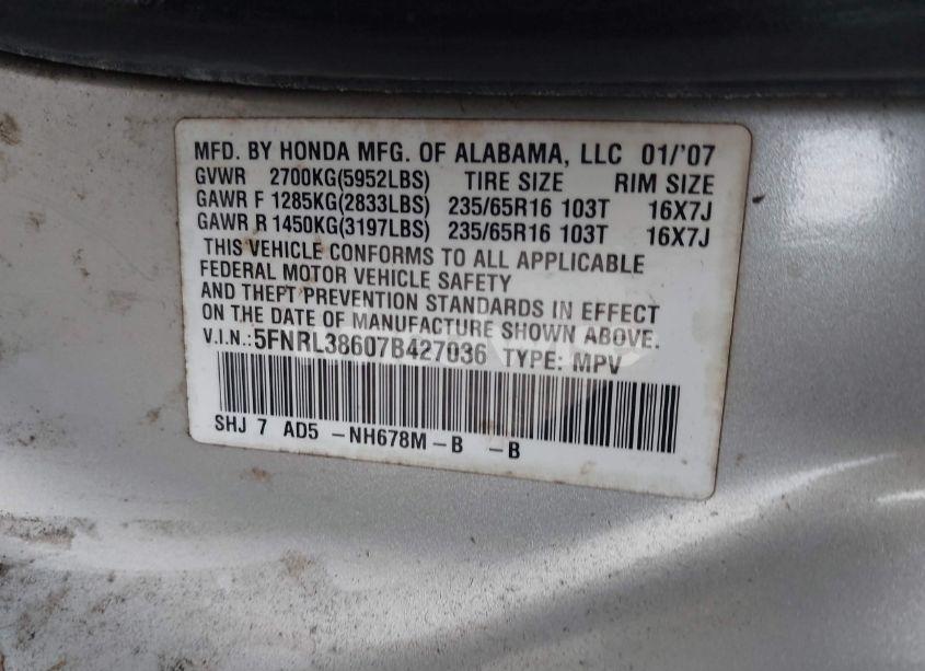 Photo 9 of 2007 Honda Odyssey EX-L (VIN 5FNRL38607B427036)