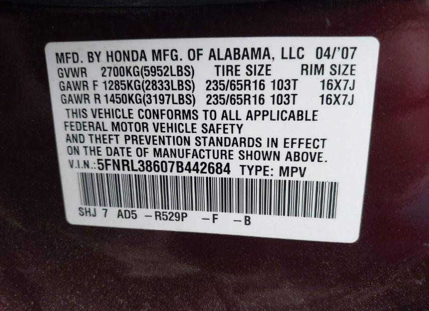 Photo 9 of 2007 Honda Odyssey EX-L (VIN 5FNRL38607B442684)
