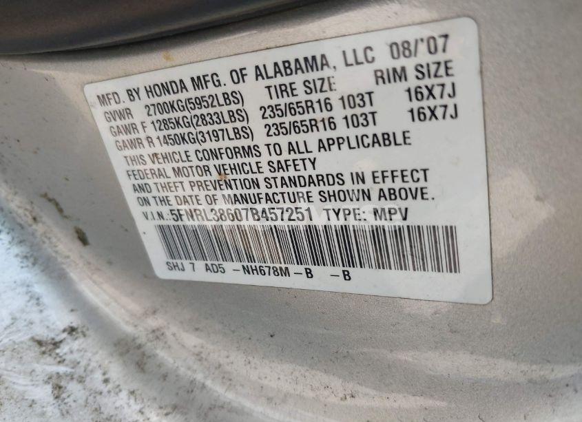 Photo 9 of 2007 Honda Odyssey EX-L (VIN 5FNRL38607B457251)