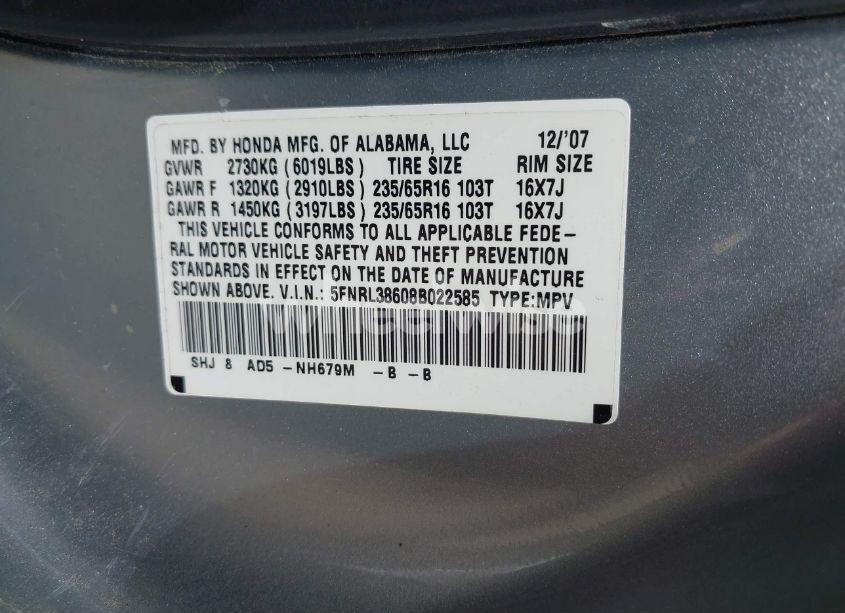 Photo 9 of 2008 Honda Odyssey EX-L (VIN 5FNRL38608B022585)