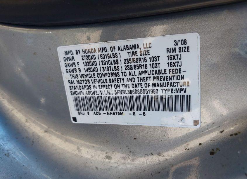 Photo 9 of 2008 Honda Odyssey EX-L (VIN 5FNRL38608B051990)