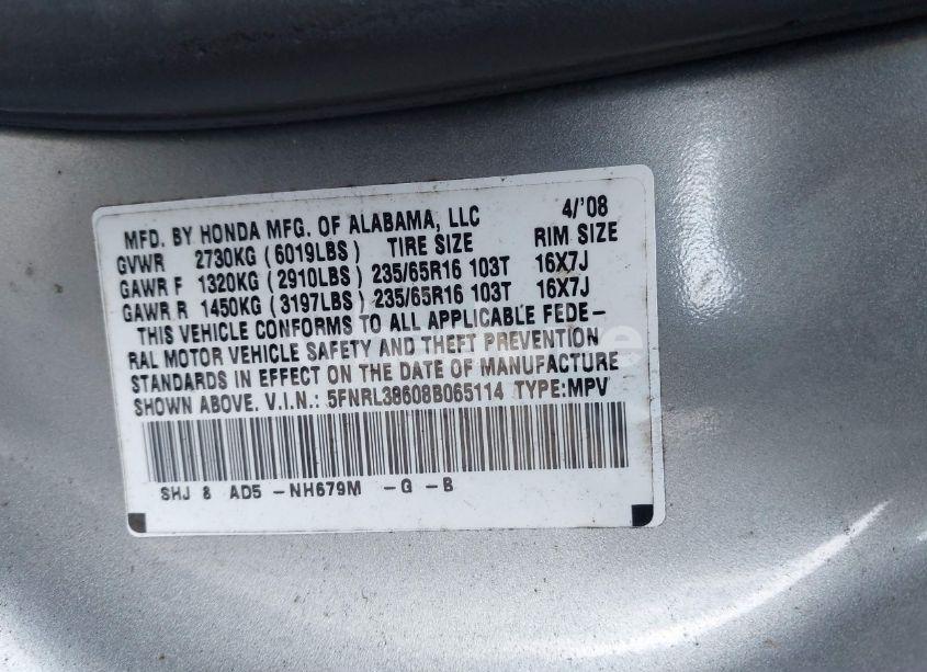 Photo 9 of 2008 Honda Odyssey EX-L (VIN 5FNRL38608B065114)