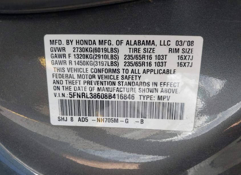 Photo 9 of 2008 Honda Odyssey EX-L (VIN 5FNRL38608B416846)