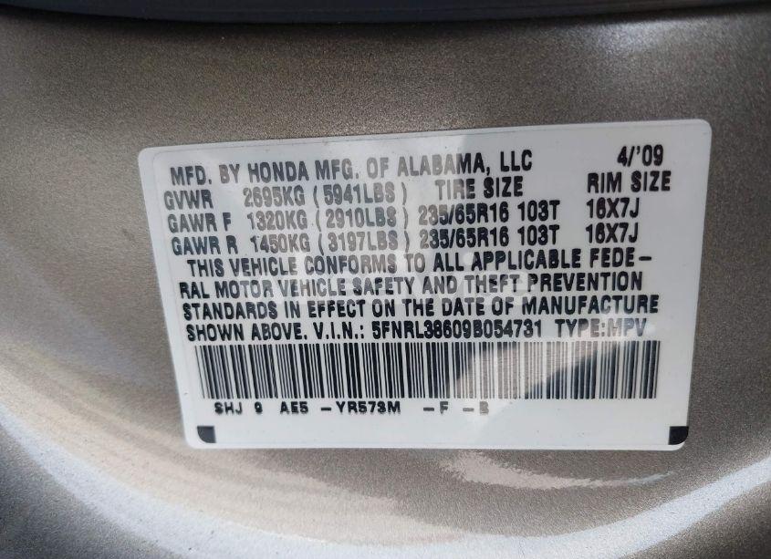 Photo 9 of 2009 Honda Odyssey EX-L (VIN 5FNRL38609B054731)