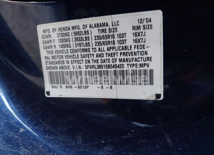 Photo 9 of 2005 Honda Odyssey EX-L (VIN 5FNRL38615B045420)