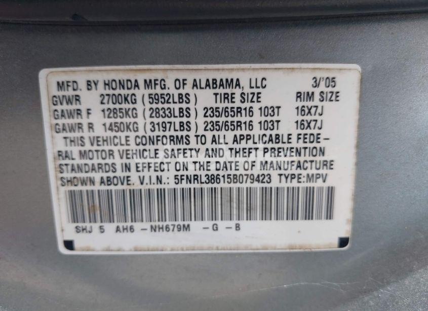 Photo 9 of 2005 Honda Odyssey EX-L (VIN 5FNRL38615B079423)