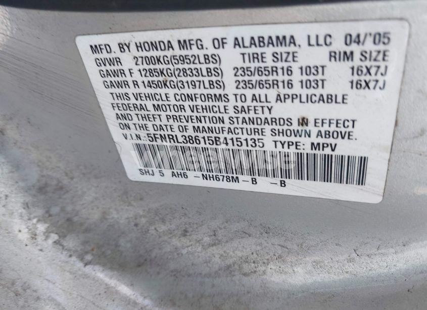 Photo 9 of 2005 Honda Odyssey EX-L (VIN 5FNRL38615B415135)