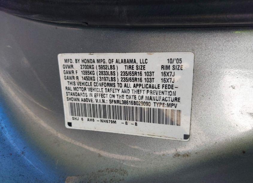 Photo 9 of 2006 Honda Odyssey EX-L (VIN 5FNRL38616B029090)