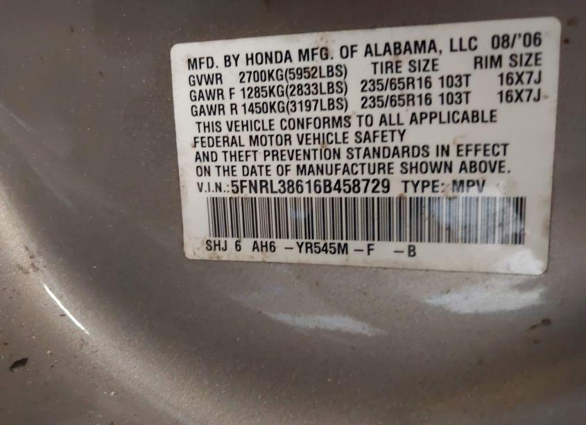 Photo 9 of 2006 Honda Odyssey EX-L (VIN 5FNRL38616B458729)