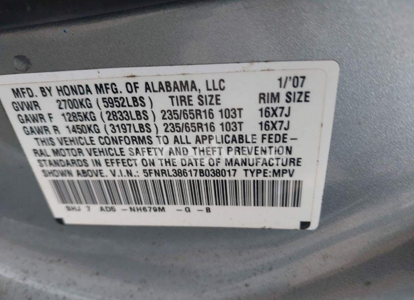 Photo 9 of 2007 Honda Odyssey EX-L (VIN 5FNRL38617B038017)