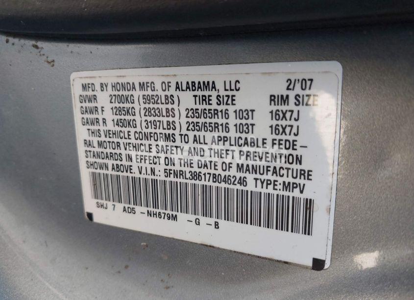 Photo 9 of 2007 Honda Odyssey EX-L (VIN 5FNRL38617B046246)