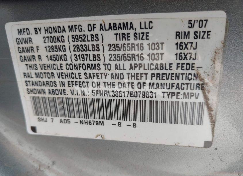 Photo 9 of 2007 Honda Odyssey EX-L (VIN 5FNRL38617B079831)