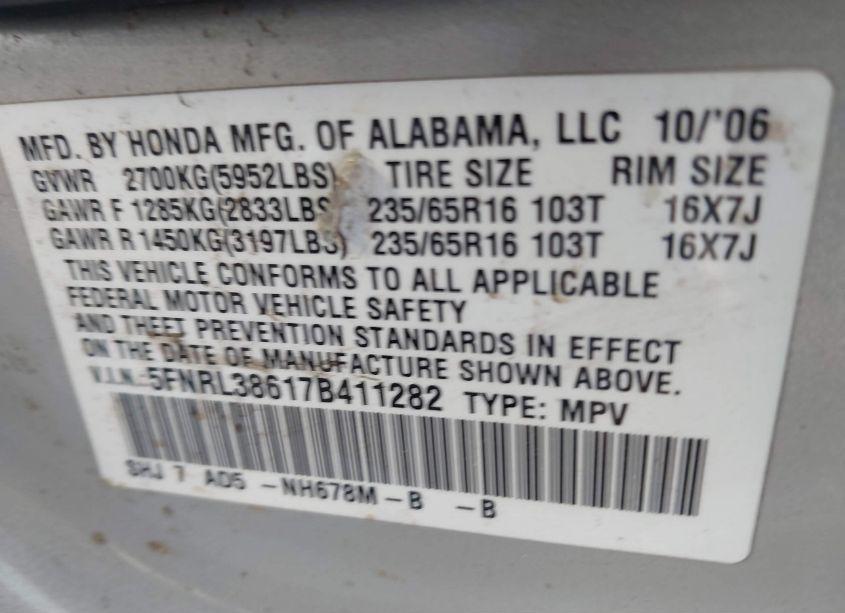 Photo 9 of 2007 Honda Odyssey EX-L (VIN 5FNRL38617B411282)