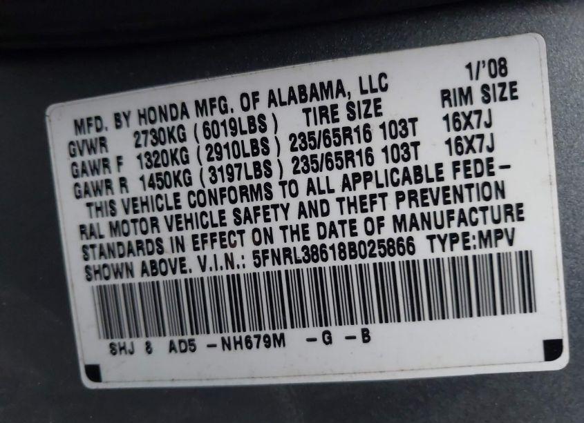 Photo 9 of 2008 Honda Odyssey EX-L (VIN 5FNRL38618B025866)
