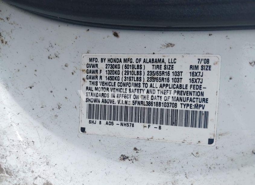 Photo 9 of 2008 Honda Odyssey EX-L (VIN 5FNRL38618B103708)