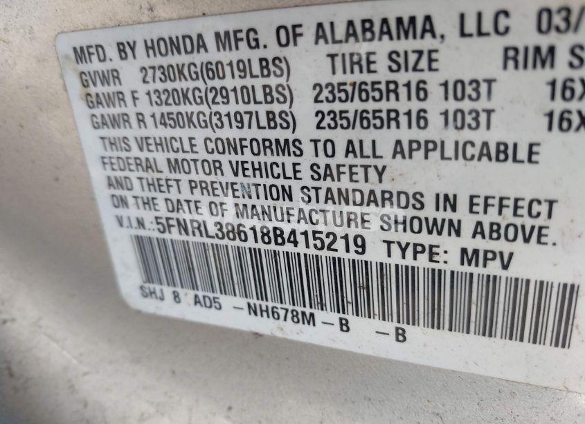 Photo 9 of 2008 Honda Odyssey EX-L (VIN 5FNRL38618B415219)