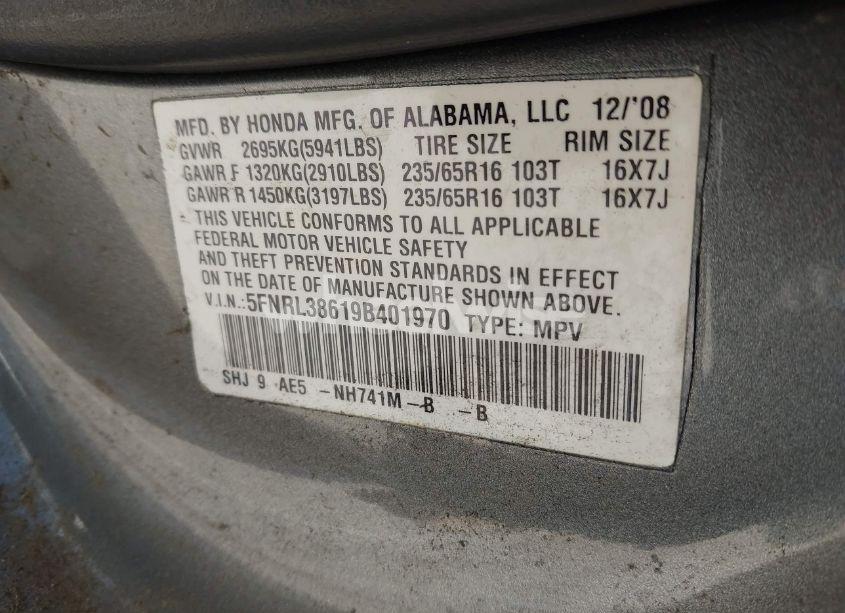 Photo 9 of 2009 Honda Odyssey EX-L (VIN 5FNRL38619B401970)