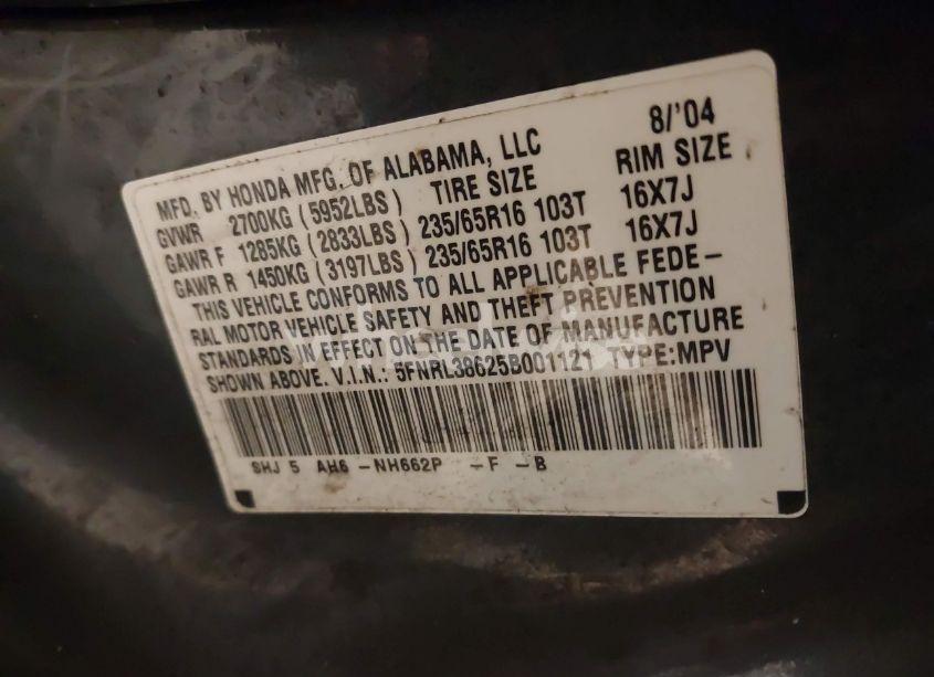 Photo 9 of 2005 Honda Odyssey EX-L (VIN 5FNRL38625B001121)