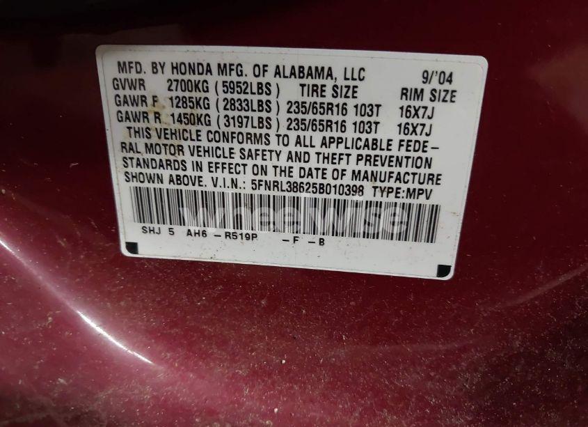 Photo 9 of 2005 Honda Odyssey EX-L (VIN 5FNRL38625B010398)