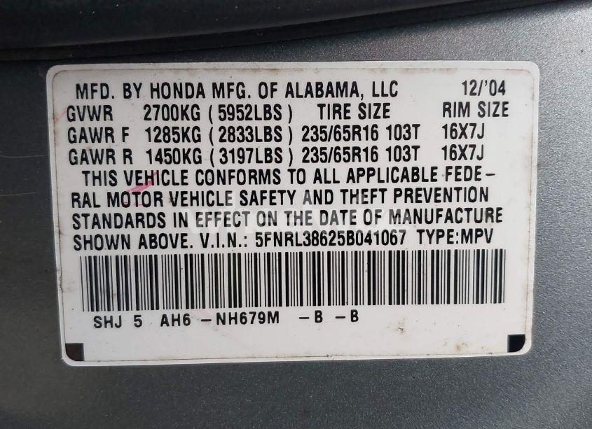 Photo 9 of 2005 Honda Odyssey EX-L (VIN 5FNRL38625B041067)