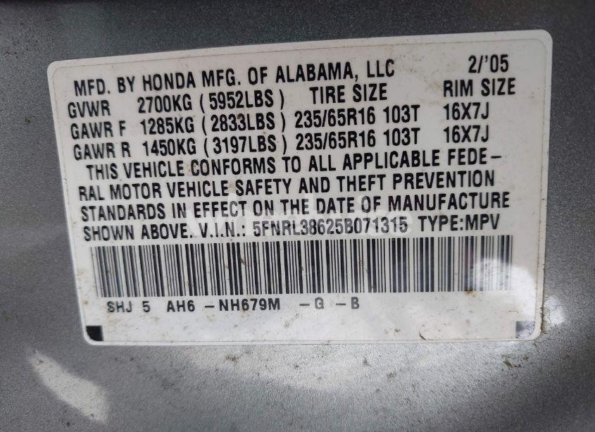 Photo 9 of 2005 Honda Odyssey EX-L (VIN 5FNRL38625B071315)