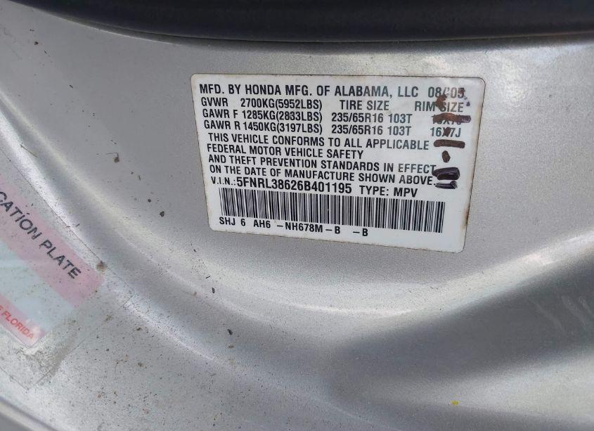 Photo 9 of 2006 Honda Odyssey EX-L (VIN 5FNRL38626B401195)