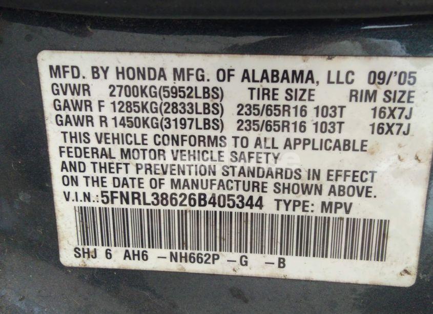 Photo 9 of 2006 Honda Odyssey EX-L (VIN 5FNRL38626B405344)