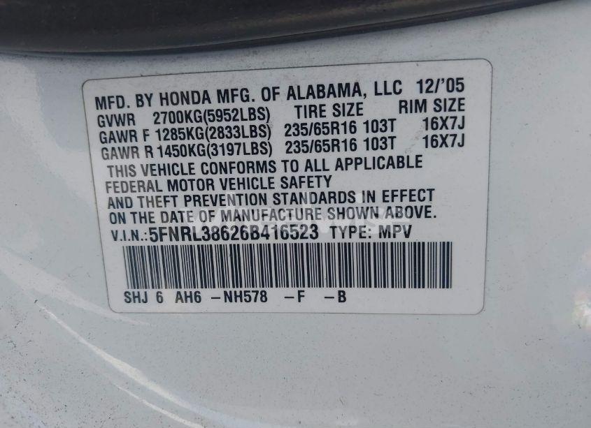 Photo 9 of 2006 Honda Odyssey EX-L (VIN 5FNRL38626B416523)