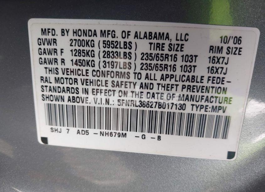 Photo 9 of 2007 Honda Odyssey EX-L (VIN 5FNRL38627B017130)