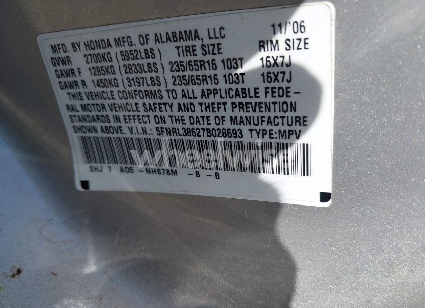 Photo 9 of 2007 Honda Odyssey EX-L (VIN 5FNRL38627B028693)