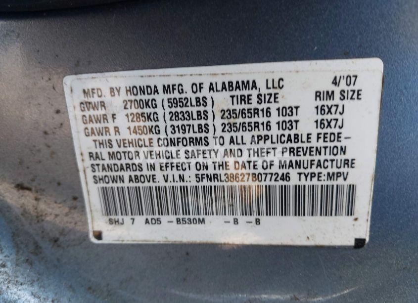 Photo 9 of 2007 Honda Odyssey EX-L (VIN 5FNRL38627B077246)