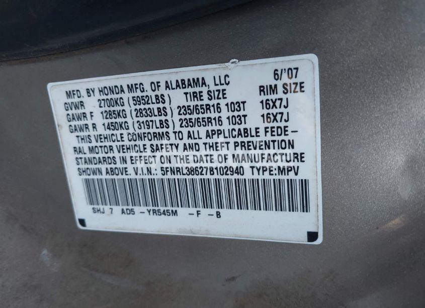 Photo 9 of 2007 Honda Odyssey EX-L (VIN 5FNRL38627B102940)