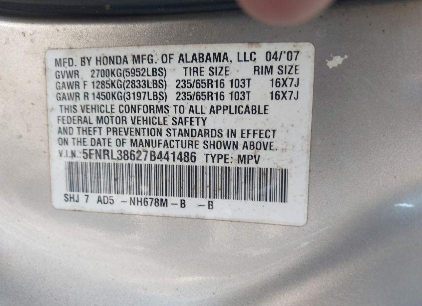 Photo 9 of 2007 Honda Odyssey EX-L (VIN 5FNRL38627B441486)