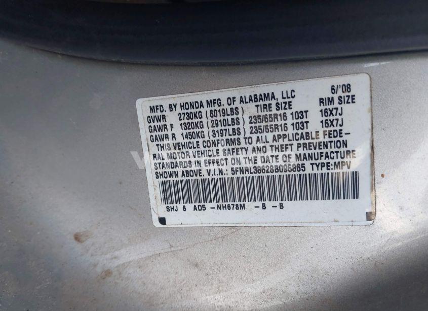 Photo 9 of 2008 Honda Odyssey EX-L (VIN 5FNRL38628B096865)